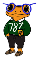 787 Coffee frog mascot holding a 787 coffee cup