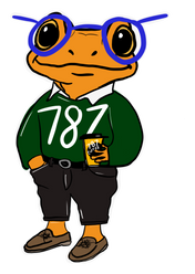787 Coffee frog mascot in round glasses and a green 787 sweater, holding a 787 coffee cup