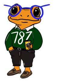 787 Coffee frog mascot in round glasses and a green 787 sweater, holding a 787 coffee cup