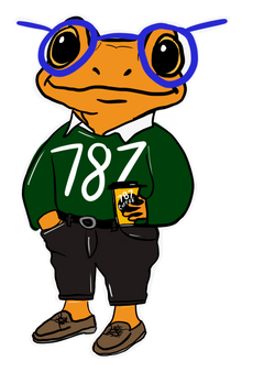 787 Coffee frog mascot in round glasses and a green 787 sweater, holding a 787 coffee cup