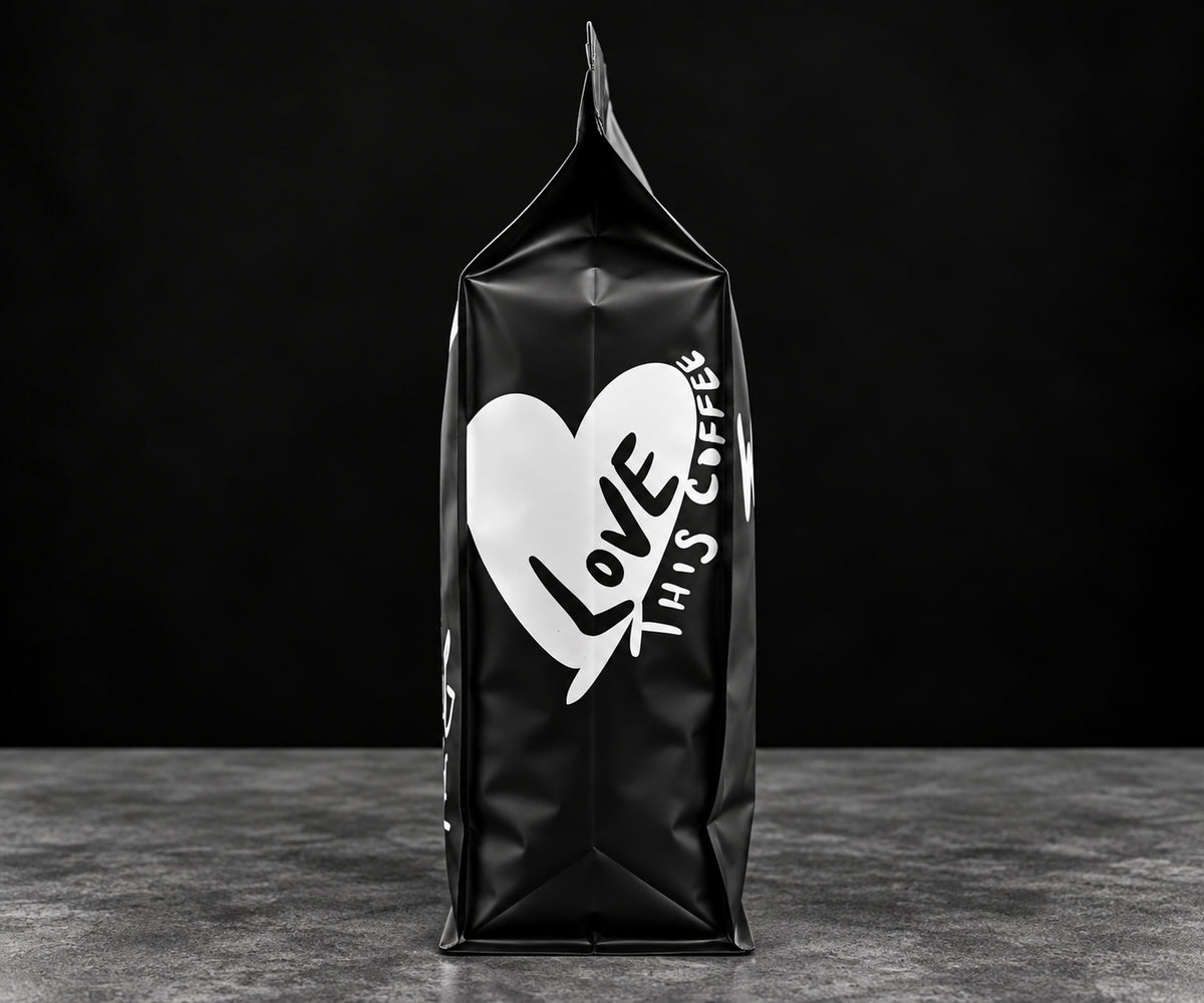 Side of 787 Coffee 5 lb bag with "Love This Coffee" heart illustration, farm-to-cup Puerto Rican coffee for offices and home