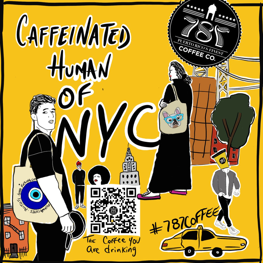 A caffeinated human at a 787 café in New York