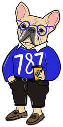 787 Coffee French bulldog mascot in round glasses and a blue 787 sweater, holding a 787 coffee cup