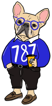 787 Coffee French bulldog mascot in round glasses and a blue 787 sweater, holding a 787 coffee cup