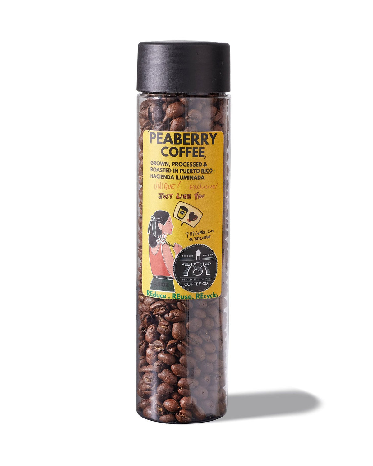 Peaberry coffee beans 6 oz bag by 787 Coffee on white background, whole bean or ground