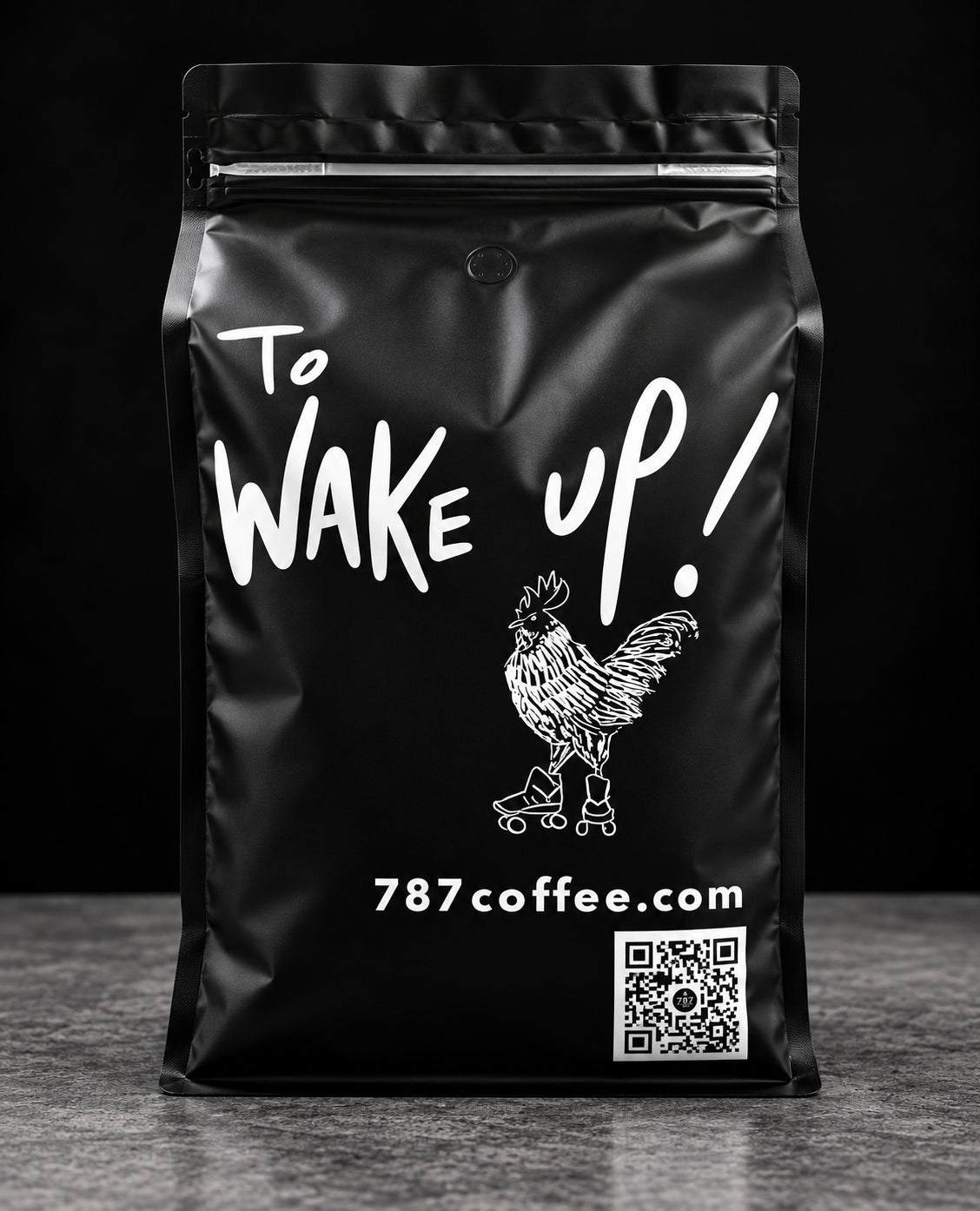 Back of 787 Coffee 5 lb coffee bag with "To Wake Up!" and rooster illustration, bulk specialty coffee to buy online at 787coffee.com