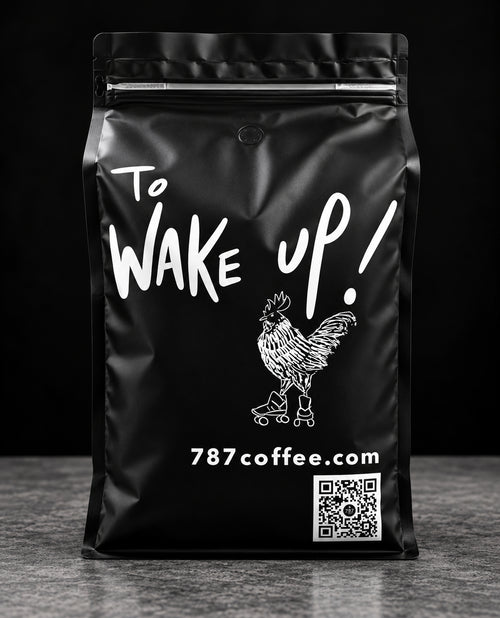Back of 787 Coffee 5 lb coffee bag with "To Wake Up!" and rooster illustration, bulk specialty coffee to buy online at 787coffee.com