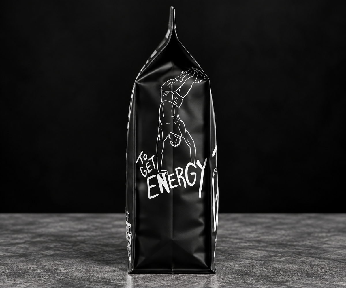 Side of 787 Coffee 5 lb bulk coffee bag with "To Get Energy" hand-lettered art, single origin Puerto Rico, Mexico, or Colombia coffee