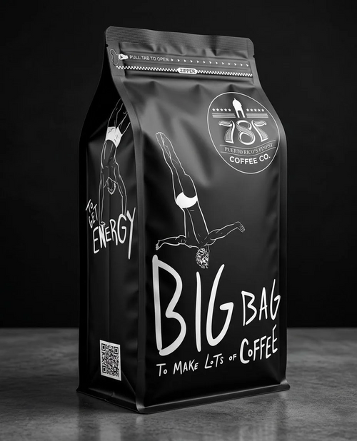 787 Coffee 5 lb Big Bag of single origin coffee beans, black resealable bag with 787 Puerto Rico's Finest Coffee Co. logo and diver illustration
