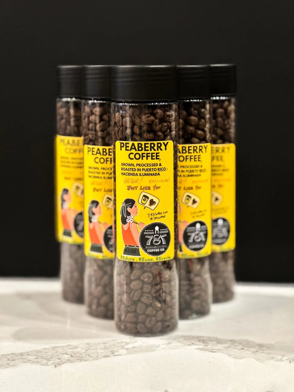 787 Coffee peaberry coffee bag on black background, gift coffee from Puerto Rico